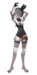  1girl arms_up bangs barefoot black_bodysuit black_gloves black_hairband blue_eyes bodysuit closed_mouth commentary_request covered_navel dark_skin full_body gloves grey_hair hair_between_eyes hairband highres holding holding_poke_ball partly_fingerless_gloves poke_ball pokemon pokemon_(game) pokemon_swsh saitou_(pokemon) sanshouuo shirt short_shorts short_sleeves shorts simple_background solo standing ultra_ball v-shaped_eyebrows white_background white_shirt white_shorts 