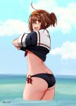  1girl ahoge alternate_hairstyle ass bikini bikini_under_clothes black_bikini black_serafuku blue_sky breasts brown_eyes brown_hair butt_crack clouds commentary_request cowboy_shot day from_behind hair_between_eyes hairband highres horizon kantai_collection looking_at_viewer looking_back ocean open_mouth orange_hairband outdoors porco1127 school_uniform serafuku shiratsuyu_(kantai_collection) shirt_lift short_hair short_sleeves sky soaking_feet solo standing swimsuit swimsuit_under_clothes twitter_username under_boob undressing upper_teeth 