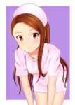  1girl bent_over blush brown_hair closed_mouth cowboy_shot dress hat highres idolmaster idolmaster_(classic) long_hair looking_at_viewer minase_iori nurse nurse_cap pink_dress purple_background red_eyes runmo77 shiny shiny_hair shiny_skin short_dress short_sleeves smile solo standing straight_hair two-tone_background very_long_hair white_background 