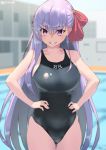  1girl bangs bare_shoulders bb_(fate)_(all) bb_(fate/extra_ccc) black_swimsuit blurry blurry_background blush breasts collarbone fate_(series) grin hair_between_eyes hair_ribbon hands_on_hips highres jonsun large_breasts long_hair looking_at_viewer one-piece_swimsuit pool purple_hair red_ribbon ribbon smile solo swimsuit very_long_hair violet_eyes 