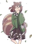  1girl animal_ears bottle brown_eyes brown_hair cowboy_shot futatsuiwa_mamizou glasses hair_ornament hand_on_own_chin highres japanese_clothes jug kawayabug kimono leaf_hair_ornament looking_to_the_side pince-nez raccoon_ears raccoon_tail sake_bottle scarf short_hair simple_background skirt solo tail touhou white_background wide_sleeves wind 
