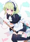  1boy alternate_costume apron black_dress black_legwear cravat crossdressinging dress enmaided eyebrows_visible_through_hair frilled_apron frills garter_straps green_hair highres lio_fotia maid maid_apron maid_headdress male_focus moegi0926 otoko_no_ko promare puffy_short_sleeves puffy_sleeves short_sleeves solo sweatdrop thigh-highs violet_eyes waist_apron white_apron 