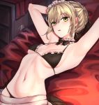  1girl absurdres apron artoria_pendragon_(all) artoria_pendragon_(swimsuit_rider_alter) bed bikini black_bikini black_bow blonde_hair bow braid breasts commentary_request eyebrows_visible_through_hair fate/grand_order fate_(series) highres looking_at_viewer lying maid_headdress navel on_back short_hair small_breasts solo sun_miru swimsuit yellow_eyes 