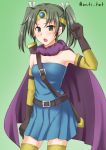  1girl anti_(untea9) armpits black_gloves blue_dress cape circlet commentary_request cosplay dragon_quest dragon_quest_iii dress elbow_gloves gloves gradient gradient_background green_background green_eyes green_hair hair_ribbon highres kantai_collection long_hair open_mouth purple_cape ribbon roto roto_(cosplay) solo strapless strapless_dress twintails twitter_username white_ribbon yellow_legwear zuikaku_(kantai_collection) 