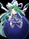  1girl bangs bat_wings blue_capelet blush breast_hold breasts capelet eyebrows_visible_through_hair ghost_tail green_eyes green_hair hat hat_ribbon highres kuma_xylocopa large_breasts long_hair looking_at_viewer mima_(touhou) ribbon smile solo touhou touhou_(pc-98) wings witch_hat yellow_neckwear yellow_ribbon 