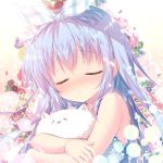  1girl animal blue_hair blue_ribbon blush cat closed_eyes closed_mouth crossed_arms eyebrows_visible_through_hair facing_viewer flower gochuumon_wa_usagi_desu_ka? hair_ribbon holding holding_animal kafuu_chino long_hair mitsumomo_mamu multicolored multicolored_ribbon ribbon sleeping solo tippy_(gochiusa) upper_body white_ribbon 