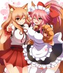  2girls afuro alternate_costume animal_ear_fluff animal_ears apron bell bell_collar black_dress blonde_hair blush breasts cat_paws collar commentary dress enmaided eyebrows_visible_through_hair fangs fate/extra fate/extra_ccc fate/extra_ccc_fox_tail fate/grand_order fate_(series) fox_ears fox_girl fox_shadow_puppet fox_tail gloves hair_ribbon jingle_bell large_breasts long_hair looking_at_viewer maid maid_apron maid_headdress multiple_girls one_eye_closed open_mouth paw_gloves paws pink_hair red_ribbon ribbon smile suzuka_gozen_(fate) tail tamamo_(fate)_(all) tamamo_cat_(fate) waist_apron white_legwear yellow_eyes 