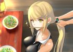 1boy 1girl alternate_costume artist_request bangs blonde_hair blush breasts dolling60883582 dollinger earrings food hands mythra_(xenoblade) jewelry lamp large_breasts long_hair looking_at_viewer plate ponytail shirt swept_bangs table xenoblade_(series) xenoblade_2 yellow_eyes 