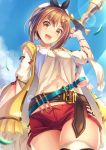  1girl :d atelier_(series) atelier_ryza belt blouse brown_eyes brown_hair clouds cowboy_shot flask highres holding holding_staff hyui_cf2 looking_at_viewer open_mouth outdoors red_shorts reisalin_stout short_hair short_shorts shorts sky smile solo staff standing thigh-highs white_blouse white_headwear 