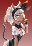  1girl abs animal_ears bodysuit cat_ears cat_girl cat_tail covered_navel dark_skin fatherland2009 gloves grey_eyes grey_hair hairband highres pokemon pokemon_(game) pokemon_swsh saitou_(pokemon) shirt short_hair short_sleeves shorts solo tail white_shirt 