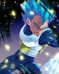  1boy armor artist_name blue_background blue_eyes blue_hair blurry blurry_foreground clenched_hands clothes_writing commentary_request d: dark_background dragon_ball dragon_ball_super dragon_ball_z fighting_stance frown gloves glowing glowing_eyes gradient gradient_background korean_commentary looking_away male_focus muscle open_mouth purple_background see-through serious shaded_face sparkle sparkle_background spiky_hair super_saiyan_blue tarutobi teeth twitter_username v-shaped_eyebrows vegeta white_background white_gloves 