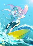  2boys barefoot blue_sky braid chatan_nakiri chiyoganemaru kariyushi_shirt long_hair male_focus multiple_boys single_braid sky surfboard surfing touken_ranbu very_long_hair 