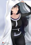  1girl bed_sheet black_hair black_pants black_shirt blake_belladonna closed_mouth collarbone long_hair long_sleeves looking_at_viewer obi pants patreon_logo rwby sash shiny shiny_hair shirt sitting slit_pupils smile solo under_covers very_long_hair watermark yellow_eyes yf_studio 