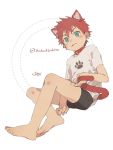  1boy 50off animal_ears barefoot bell bell_collar bike_shorts blush cat_ears cat_tail catboy collar fang feet full_body green_eyes looking_at_viewer male_focus original red_haired_catboy_(ikutsuki) redhead simple_background solo tail twitter_username 