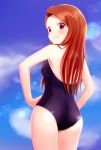 1girl blue_sky blue_swimsuit blurry blurry_background blush breasts brown_hair clenched_teeth clouds cowboy_shot hands_on_hips highres idolmaster idolmaster_(classic) lens_flare long_hair looking_at_viewer minase_iori red_eyes runmo77 school_swimsuit shiny shiny_hair shiny_swimsuit sky small_breasts solo standing swimsuit teeth very_long_hair 