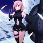  1girl 2018 armored_leotard black_legwear black_leotard day elbow_gloves fate/grand_order fate_(series) gloves hair_over_one_eye highres kosumi leotard mash_kyrielight midriff navel navel_cutout outdoors parted_lips pink_hair shield short_hair signature solo standing stomach thigh-highs thigh_strap violet_eyes white_feathers 