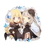  :d ;) alternate_costume ankle_ribbon bare_legs bare_shoulders black_bow black_dress black_footwear black_gloves black_legwear black_ribbon blonde_hair blue_eyes bow braid chibi dress fate/apocrypha fate/grand_order fate_(series) flower formal gloves hair_flower hair_ornament hair_ribbon hand_on_another&#039;s_arm highres jeanne_d&#039;arc_(fate) jeanne_d&#039;arc_(fate)_(all) jewelry long_hair looking_at_viewer marie_antoinette_(fate/grand_order) neck_ribbon necklace no-kan off_shoulder one_eye_closed open_mouth outstretched_hand reaching ribbon side_slit silver_hair simple_background sleeveless sleeveless_dress smile thigh-highs twintails violet_eyes white_background zettai_ryouiki 