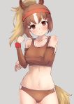  1girl absurdres animal_ear_fluff animal_ears bare_shoulders blonde_hair bridle brown_buruma brown_eyes brown_hair brown_sports_bra chestnut_thoroughbred_(kemono_friends) collarbone commentary cowboy_shot deku_suke detached_sleeves extra_ears grey_background head_tilt highres horse_ears horse_girl horse_tail japan_racing_association kemono_friends long_hair looking_at_viewer midriff multicolored_hair navel ponytail simple_background solo sports_bra sportswear tail white_hair wristband 