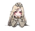  1girl blonde_hair blush chin_rest closed_mouth girls_frontline hair_ornament hairclip hat jacket long_hair looking_at_viewer m1919_(girls_frontline) mogijabgo open_clothes red_eyes simple_background smile solo 