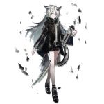  1girl animal_ear_fluff animal_ears ankle_boots arknights bangs black_coat black_hair black_nails black_shorts boots breasts closed_mouth eyebrows_visible_through_hair eyeshadow facial_scar fox_ears fox_tail full_body gloves grey_eyes grey_hair hair_between_eyes hair_ornament hairclip hand_up high_collar huanxiang_heitu jacket lappland_(arknights) long_hair looking_at_viewer makeup messy_hair multicolored_hair multiple_swords official_art scar scar_across_eye shorts sidelocks smile solo tachi-e tail transparent_background very_long_hair wide_sleeves 