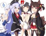  !? &gt;_&lt; 4girls akagi-chan_(azur_lane) animal_ears azur_lane belchan_(azur_lane) belfast_(azur_lane) bell black_dress black_hair blue_dress breasts brown_hair dress fang fox_ears fox_tail hair_ornament hairclip hat hiei-chan_(azur_lane) horns jingle_bell long_hair maid maid_headdress medium_breasts multiple_girls nanashi_ren open_mouth pantyhose peaked_cap red_eyes short_hair silver_hair smile spoken_sweatdrop sweatdrop tail thigh-highs two_side_up very_long_hair violet_eyes white_dress white_hair yellow_eyes zeppelin-chan_(azur_lane) 