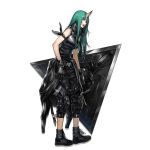  1girl arknights arm_scarf arm_strap bangs black_footwear black_gloves black_pants black_scarf black_shirt boots breastplate breasts clothes_around_waist cross-laced_footwear full_body gloves green_eyes green_hair hair_between_eyes high_collar holding holding_shield horn hoshiguma_(arknights) infukun jacket_around_waist knee_pads lace-up_boots large_breasts long_hair looking_at_viewer official_art oni_horns open_mouth pants scarf shield shirt sidelocks sleeveless solo tachi-e toned transparent_background yellow_eyes 