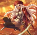 1girl ass belt black_legwear black_thighhighs bottomless braid breasts cape clouds cloudy_sky commentary_request dark_skin fate/grand_order fate_(series) gun hair_between_eyes holding holding_gun holding_sword holding_weapon jumping kasabou lakshmibai_(fate/grand_order) legs legs_together light_frown long_hair looking_at_viewer medium_breasts musket no_panties red_cape red_headwear sandals scabbard sheath shirt shoulder_strap side_braids sideboob sky solo sunset sword thigh-highs thighs toeless_legwear turban twin_braids very_long_hair violet_eyes weapon white_hair white_shirt wristband