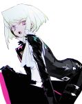  1boy belt biker_clothes black_gloves black_jacket cravat gloves jacket lio_fotia male_focus mo_(mocopo) open_mouth platinum_blonde_hair promare short_hair solo violet_eyes 