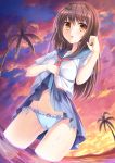  ass_visible_through_thighs bangs blue_panties blue_sailor_collar blue_skirt blush bow bow_panties breasts brown_eyes brown_hair clouds cloudy_sky commentary_request dutch_angle eyebrows_visible_through_hair groin hair_between_eyes highres lifted_by_self long_hair looking_at_viewer navel neckerchief original outdoors palm_tree panties parted_lips pleated_skirt purple_sky red_neckwear sailor_collar school_uniform serafuku shirt short_sleeves side-tie_panties skirt skirt_lift sky small_breasts tree umitonakai underwear very_long_hair wading wet white_shirt 