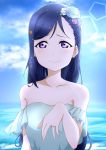 1girl absurdres alternate_hairstyle blue_dress blue_eyes blue_flower blue_sky blush clouds collarbone dress flower hair_flower hair_ornament hair_over_shoulder highres jewelry long_hair looking_at_viewer love_live! love_live!_sunshine!! matsuura_kanan ocean off-shoulder_dress off_shoulder outstretched_hand pink_flower ring sky sleeveless sleeveless_dress smile strapless strapless_dress upper_body user_xyer8832 very_long_hair violet_eyes water wedding_band white_flower 