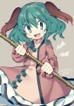  1girl animal_ears artist_name blush broom dated dog_ears eyebrows_visible_through_hair green_eyes green_hair holding holding_broom iroyopon kasodani_kyouko long_sleeves looking_at_viewer open_mouth puffy_sleeves signature smile solo tongue touhou upper_teeth 