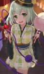 1girl alternate_costume aqua_hair arms_up bangs black_headwear blurry blush candy_apple chaha commentary_request cotton_candy depth_of_field feet_out_of_frame food frilled_sleeves frills green_eyes hat head_tilt highres holding holding_food japanese_clothes kimono komeiji_koishi long_sleeves looking_at_viewer night open_mouth outdoors short_hair solo standing striped striped_kimono summer summer_festival team_shanghai_alice third_eye touhou wide_sleeves yukata 
