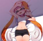  1girl arm_up bangs bed_sheet bike_shorts black_shorts blue_eyes blunt_bangs blush breasts busujima_funya commentary domino_mask fangs from_above half-closed_eye highres inkling long_hair looking_at_viewer lying mask navel on_back on_bed one_eye_closed orange_hair pointy_ears shade short_shorts shorts single_vertical_stripe small_breasts solo splatoon_(series) splatoon_1 tentacle_hair thigh_gap thighs very_long_hair white_sports_bra 