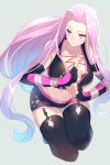  1girl aqua_hair cis05 elbow_gloves fate/stay_night fate_(series) fingerless_gloves garter_straps gloves grey_background lace-up_top long_hair miniskirt multicolored_hair navel pink_eyes pink_hair rider simple_background skirt solo thigh-highs very_long_hair 