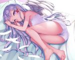  1girl arm_up ass bare_arms bare_legs bare_shoulders barefoot bed_sheet camisole closed_mouth commentary_request feathered_wings feathers grey_hair hair_ribbon hand_up legs long_hair looking_at_viewer lying on_side original red_ribbon ribbon ryuinu short_shorts shorts sidelocks solo very_long_hair violet_eyes white_camisole white_feathers white_shorts white_wings wings 