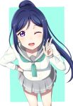  1girl :d absurdres bangs blue_hair blue_neckwear blush breasts grey_skirt hand_gesture hand_on_hip high_ponytail highres long_hair long_sleeves looking_at_viewer love_live! love_live!_sunshine!! matsuura_kanan medium_breasts mug1_kun necktie one_eye_closed open_mouth pleated_skirt sailor_collar school_uniform skirt smile solo upper_teeth v violet_eyes 