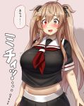  1girl black_ribbon black_serafuku black_skirt breasts brown_eyes commentary_request hair_flaps hair_ribbon heterochromia highres kantai_collection large_breasts light_brown_hair long_hair midriff murasame_(kantai_collection) red_eyes red_neckwear remodel_(kantai_collection) ribbon ryuun_(stiil) sailor_collar school_uniform serafuku shirt skirt solo speech_bubble taut_clothes taut_shirt translation_request two_side_up undersized_clothes upper_body 