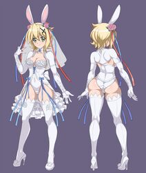  1girl absurdres akatsuki_kirika animal_ears ass bare_shoulders blonde_hair breasts bridal_veil bunny_girl bunnysuit elbow_gloves fake_animal_ears flower from_behind gloves green_eyes hair_ornament highleg highleg_leotard highres leotard looking_at_viewer medium_breasts muttsu_99 rabbit_ears senki_zesshou_symphogear shiny shiny_hair shiny_skin short_hair strapless strapless_leotard veil white_gloves white_legwear wrist_cuffs x_hair_ornament 