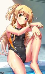  1girl artist_name barefoot black_swimsuit blonde_hair bracelet commentary_request competition_swimsuit cowboy_shot dated green_eyes hand_on_own_knee head_tilt highres idolmaster idolmaster_cinderella_girls jewelry jougasaki_rika long_hair looking_at_viewer one-piece_swimsuit pout sitting solo swimsuit tsuchimiya two_side_up wet wet_clothes wet_swimsuit 