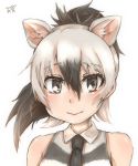  1girl aardwolf_(kemono_friends) aardwolf_ears animal_ear_fluff animal_ears bangs black_eyes black_hair black_neckwear commentary_request extra_ears eyebrows_visible_through_hair hair_between_eyes highres kemono_friends long_hair looking_at_viewer multicolored_hair necktie ponytail portrait signature simple_background sleeveless smile solo thin_(suzuneya) two-tone_hair white_background white_hair wing_collar 