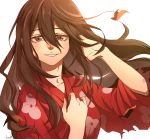  1girl absurdres artist_name brown_eyes dororo_(tezuka) floral_print frayed_clothes hair_between_eyes hand_up highres japanese_clothes kimono kurokiseow long_hair mio_(dororo) parted_lips ponytail red_kimono simple_background smile solo upper_body very_long_hair white_background 