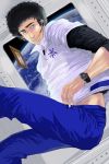  1boy black_hair blue_pants brown_eyes facial_hair headset highres indoors looking_at_viewer male_focus nanba_mutta pants photo_(object) picture_(object) planet sakai_(ces_5166) shirt solo stubble thick_eyebrows uchuu_kyoudai watch watch white_shirt window zero_gravity 