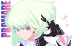  black_gloves black_jacket copyright_name cravat earrings face gloves green_hair half_gloves jacket jewelry lio_fotia looking_at_viewer male_focus pira_811 promare smile solo violet_eyes white_background 