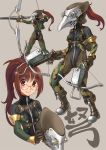  1girl arrow ass bangs bodysuit boots bow_(weapon) breasts brown_eyes brown_hair camouflage crossbow dual_wielding eyebrows_visible_through_hair glasses grey_background headwear_removed helmet helmet_removed highres holding holding_bow_(weapon) holding_weapon katahira_masashi leotard looking_at_viewer multiple_views original ponytail pouch simple_background smile thigh-highs translated weapon zipper 