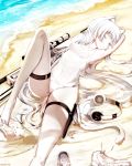  1girl animal animal_ear_fluff animal_ears awp_(girls_frontline)_(dyolf) bangs bare_shoulders barefoot beach blue_eyes blunt_bangs breasts cat cat_ears cat_girl cat_tail closed_mouth covered_navel day dyolf girls_frontline gun headphones headphones_removed highres knee_up long_hair looking_at_viewer lying ocean old_school_swimsuit on_back one-piece_swimsuit original outdoors pale_skin rifle sand school_swimsuit small_breasts sniper_rifle solo stomach swimsuit tail thigh_strap thighs very_long_hair water weapon white_cat white_hair white_legwear white_school_swimsuit white_swimsuit 