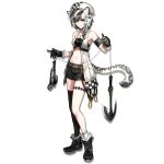  1girl animal_ear_fluff animal_ears arknights armband armpits bandeau bangs bare_shoulders belt black_bandeau black_footwear black_gloves black_hair black_legwear black_shorts boots breasts buckle cliffheart_(arknights) closed_mouth collarbone full_body fur-trimmed_boots fur_trim gloves grey_eyes hair_between_eyes hair_ribbon hat holding holding_kusarigama holding_weapon jacket jewelry kusarigama leopard_ears leopard_tail long_hair looking_at_viewer midriff navel necklace open_clothes open_jacket ribbon ryuuzaki_ichi short_hair short_shorts shorts sickle sidelocks single_sock single_thighhigh sleeveless_jacket small_breasts smile socks solo stomach tachi-e tail thigh-highs thigh_strap transparent_background tress_ribbon weapon white_hair white_legwear 
