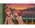  2girls blazer brown_eyes brown_hair brown_jacket cityscape gradient_sky ha_neko horizon jacket letterboxed misaka_mikoto multiple_girls orange_sky railing red_neckwear school_uniform shirai_kuroko sky sunset to_aru_kagaku_no_railgun to_aru_majutsu_no_index tokiwadai_school_uniform twintails twitter_username upper_body water 