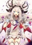  1girl :d armor armored_dress blue_eyes cowboy_shot cup dress eyebrows_visible_through_hair fate/grand_order fate_(series) flower gloves grey_background hair_flower hair_ornament hat highres holding holding_cup holding_saucer large_hat long_hair looking_at_viewer marie_antoinette_(fate/grand_order) no-kan open_mouth petals pinky_out rose rose_petals saucer short_dress silver_hair sleeveless sleeveless_dress smile solo teacup thigh-highs thigh_gap twintails white_dress white_gloves white_headwear white_legwear zettai_ryouiki 
