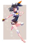  1girl animal_ears barefoot bea_(pokemon) bea_(pokemon)_(cosplay) blake_belladonna bodysuit cat_ears cosplay covered_navel gloves hairband highres iesupa pokemon pokemon_(game) pokemon_swsh ribbon rwby shirt short_hair short_sleeves shorts solo white_shirt wristband yellow_eyes 