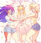  2019 3girls :d ^_^ bare_shoulders birthday black_ribbon blonde_hair blush burn_scar camisole closed_eyes commentary confetti cutoffs dancing dress english_commentary hair_ribbon happy_birthday hat holding_hands katawa_shoujo long_hair multiple_girls navel open_mouth outstretched_arms party_hat pom_pom_(clothes) purple_hair ribbon rtil satou_akira satou_lilly scar shirt short_hair short_shorts short_sleeves shorts signature simple_background sleeveless sleeveless_dress smile spaghetti_strap violet_eyes wavy_mouth white_background white_dress white_shirt yellow_camisole 